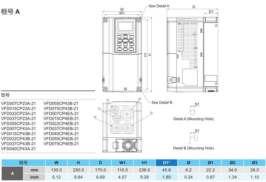 1.5kW臺達(dá)變頻器 VFD015CP23A-21的安裝尺寸