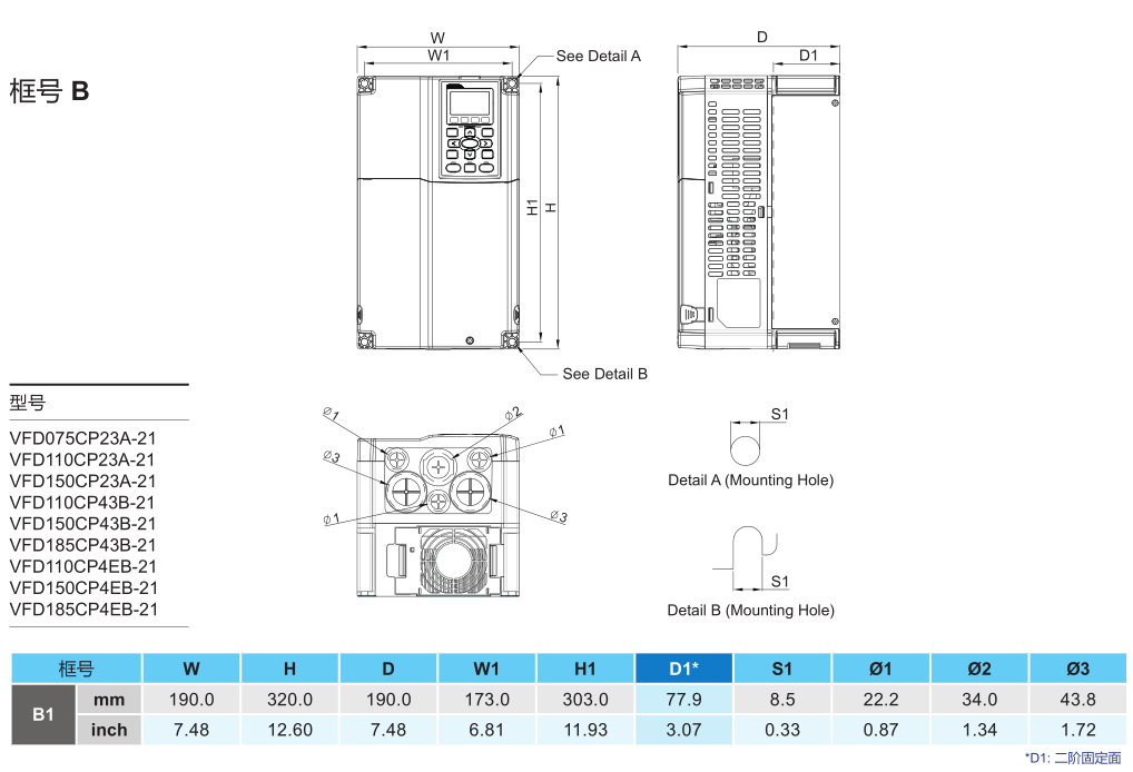 15kW臺(tái)達(dá)變頻器VFD150CP43B-21 的安裝尺寸