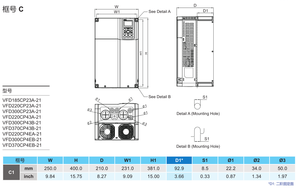 37kW臺達(dá)變頻器VFD370CP43B-21的安裝尺寸